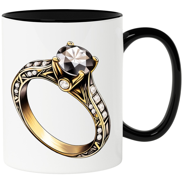 Чаша с пръстен със скъпоценни камъни, злато, диамант, безценно, скъпо, Свети Валентин, бижу, подарък, 330мл, Керамика с черна дръжка