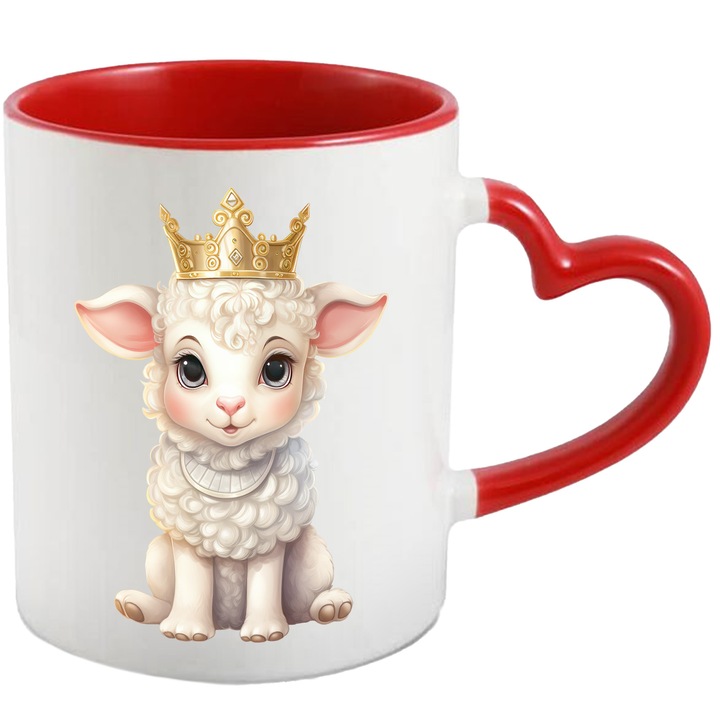 Чаша с агне с кралска корона, илюстрация, важност, благородство, злато, кралска особа, високопоставена, 330 мл, керамика, червена дръжка с форма на сърце