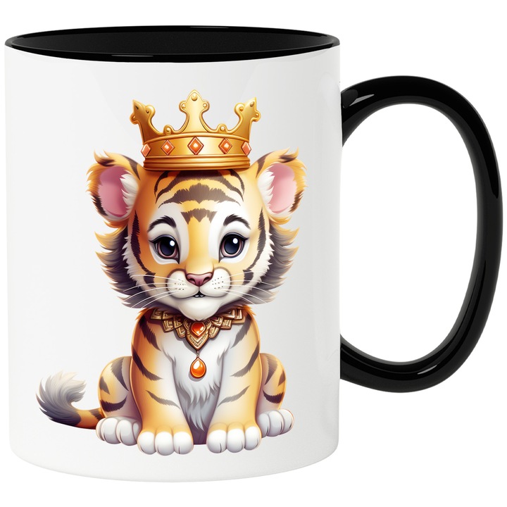 Чаша с тигърче с кралска корона, благородство, весела, злато, скъпоценни камъни, важност, високопоставена, 330 мл, Керамика с черна дръжка