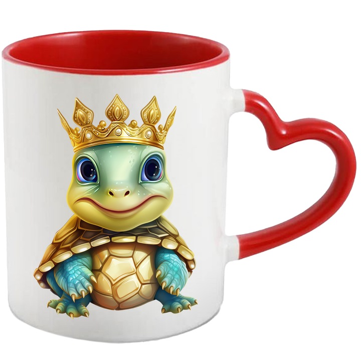 Чаша с весела костенурка, носеща кралска корона, илюстрация, важност, благородство, злато, богатство, 330 мл, Керамика с дръжка Червено сърце