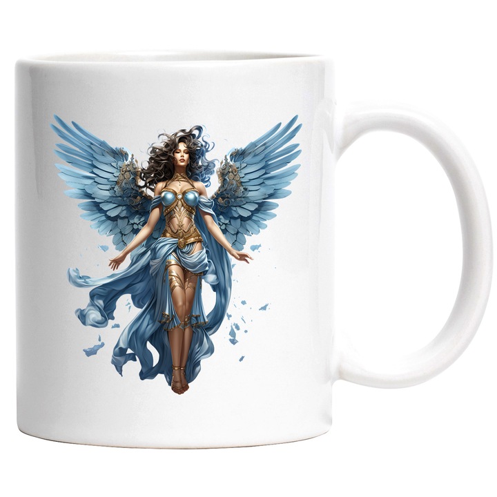 Чаша с красива жена, илюстрация, крила, сини дрехи, злато, абстракция, свобода, полет, 330 мл, Керамика с бяла дръжка