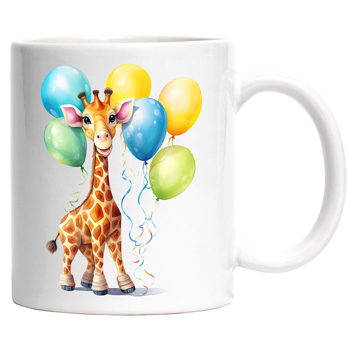 Cana cu o girafa vesela la o aniversare, ilustratie, baloane colorate, animal salbatic, fericire, zi de nastere, 330ml, Ceramic cu Maner Alb