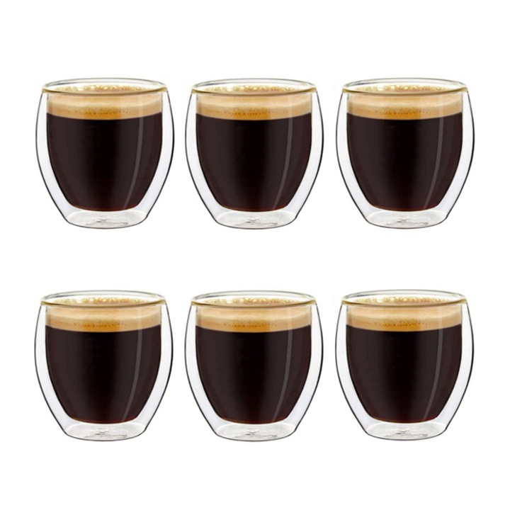 Set 6 pahare espresso, Kosiil, Sticla borosilicat, 6x6.4cm, Transparent, 80ml