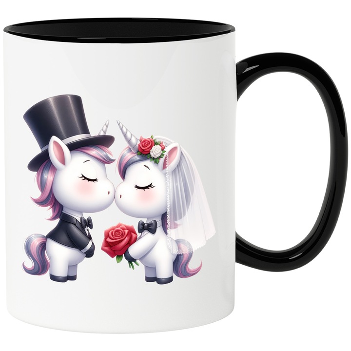 Bögre 2 unikornissal az esküvőn, virágok, boldogság, rózsák, fantasztikus lények, 330 ml, kerámia fekete fogantyúval