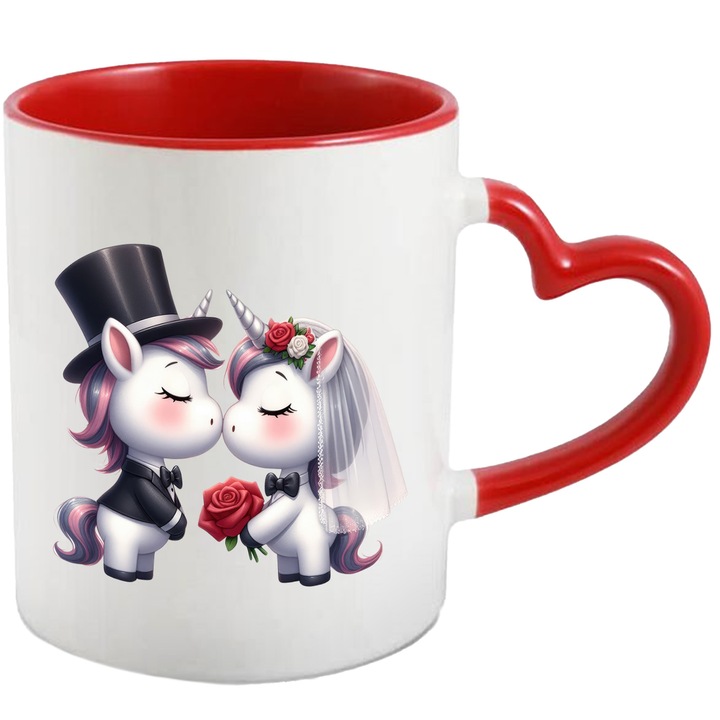 Bögre 2 unikornissal az esküvőn, virágok, boldogság, rózsák, fantasztikus lények, 330 ml, kerámia, piros szív fogantyúval