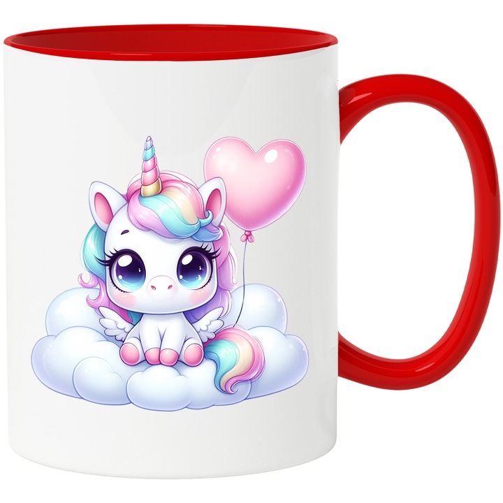Bögre felhőn ülő unikornissal, illusztráció, szív alakú lombik, félénk, 330 ml, kerámia, piros fogantyúval