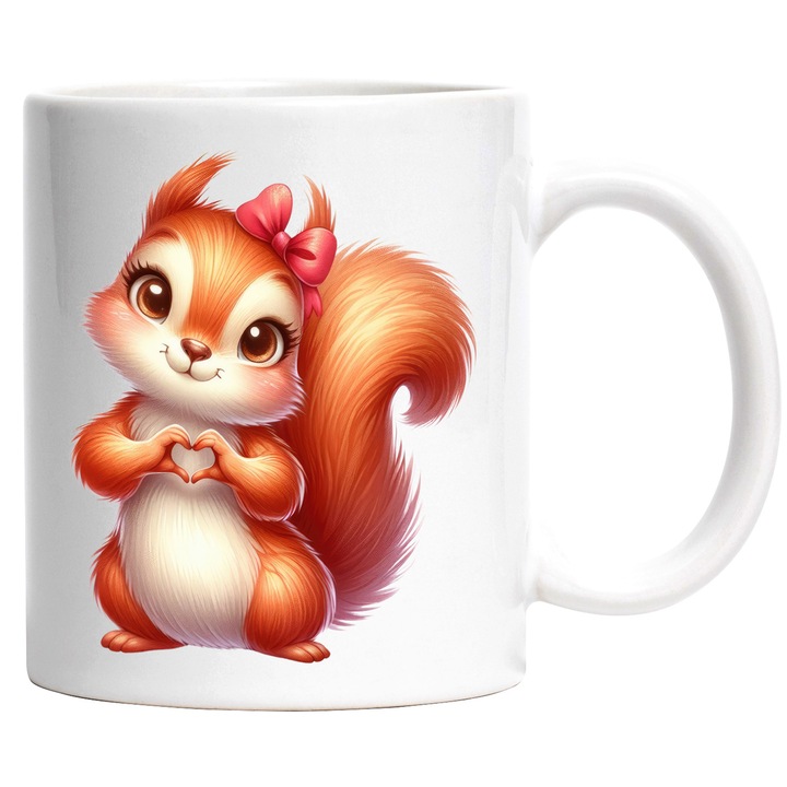 Bögre szív alakú jelet készítő mókussal, illusztráció, pirosító, Valentin-nap, elismerés, masni, szeretet, 330 ml, kerámia fehér fogantyúval