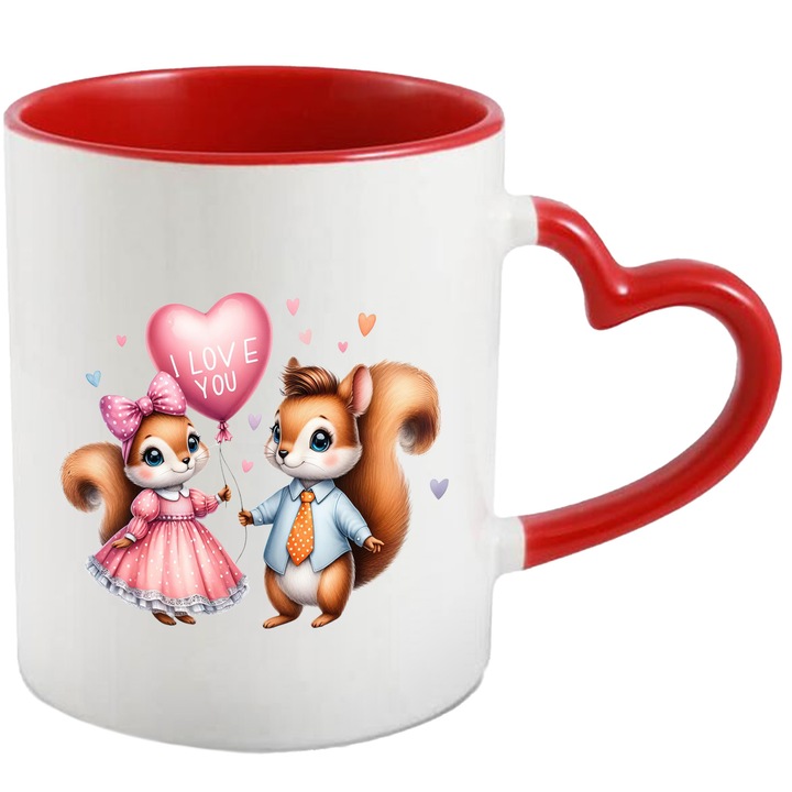 Cana cu 2 veverite fericite, ilustratie, Valentine's Day, balon in forma de inima cu mesajul "I love you", inimioare, dragoste, relatie, rochie, 330ml, Ceramica cu Maner Inima Rosie