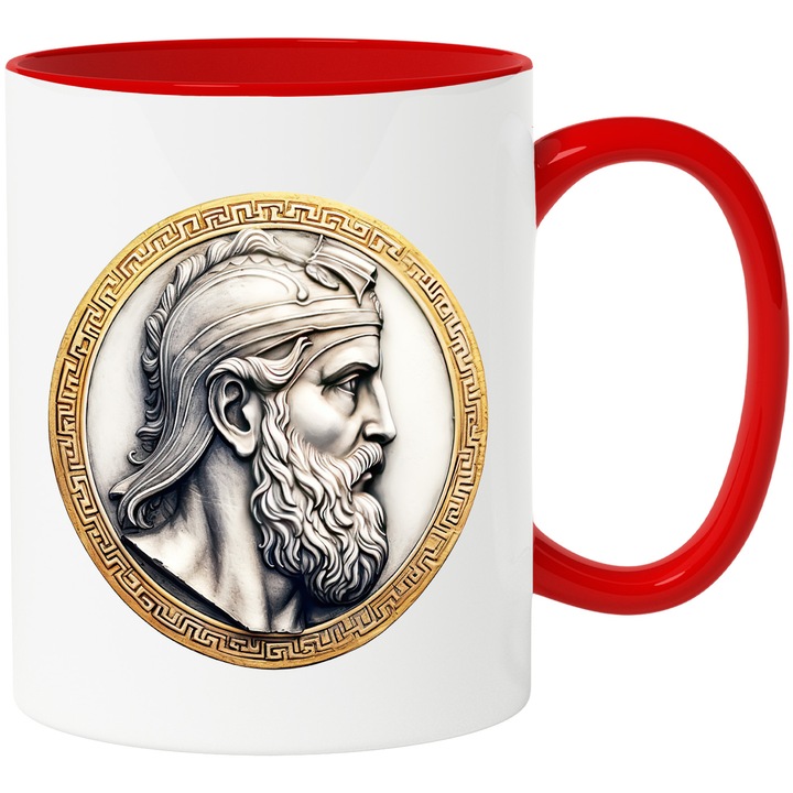 Чаша със стара монета, илюстрация, личност от Гърция, злато на ръба, 330мл, керамика с червена дръжка