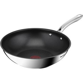 Tigaie wok Tefal Infinite, 28 cm, invelis antiaderent din titan, indicator Thermo-Signal, Thermo Fusion, inductie, argintiu/negru