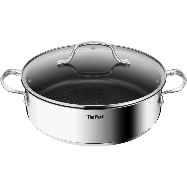 Cratita cu capac Tefal Infinite, 26 cm, invelis antiaderent din titan, indicator Thermo-Signal, Thermo Difusion, inductie, argintiu/negru