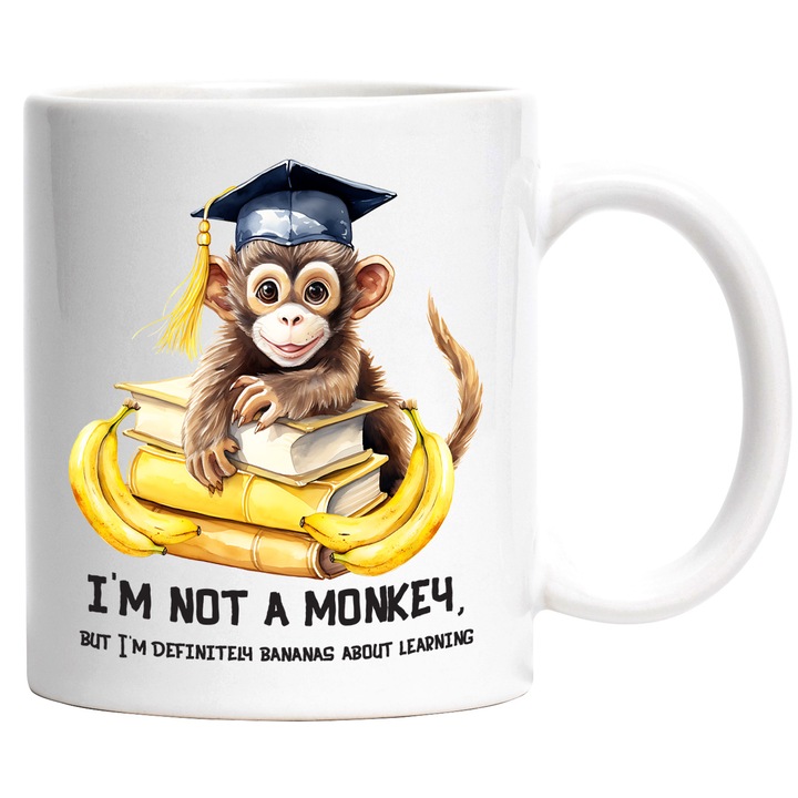 Чаша с щастлива маймуна, държаща книги и банани, илюстрация, абитуриентска шапка, храна, училище, учене, 330 мл, керамика с бяла дръжка