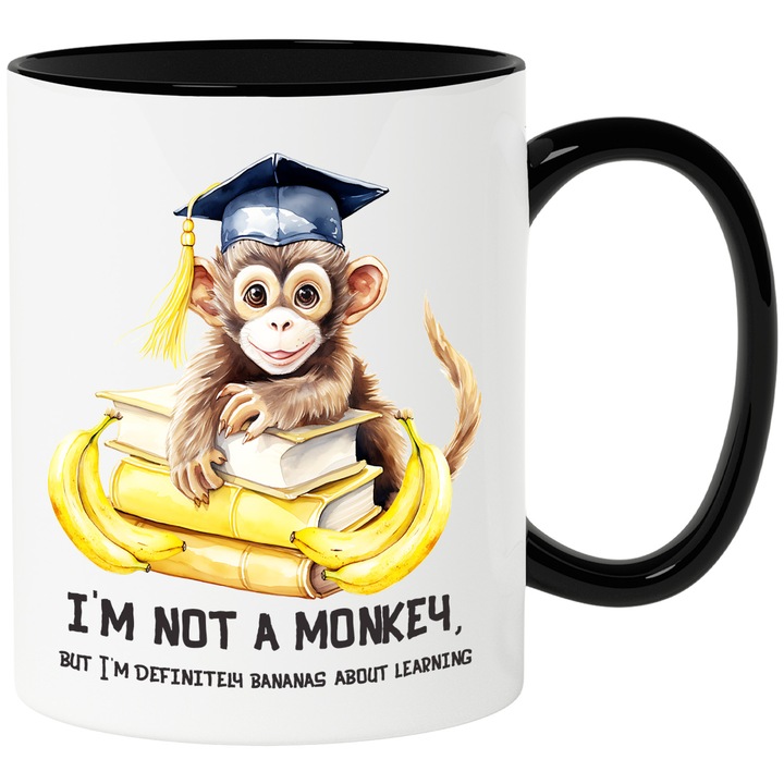 Чаша с весела маймунка, държаща книги и банани, илюстрация, абитуриентска шапка, храна, училище, обучение, 330мл, Керамика с черна дръжка