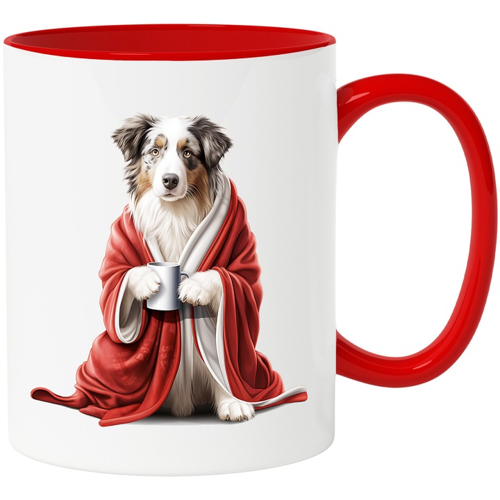 Bögre komoly kutyával, rajta kapucni, illusztráció, betegség, teás bögre, kell jól, 330ml, Kerámia piros fogantyúval