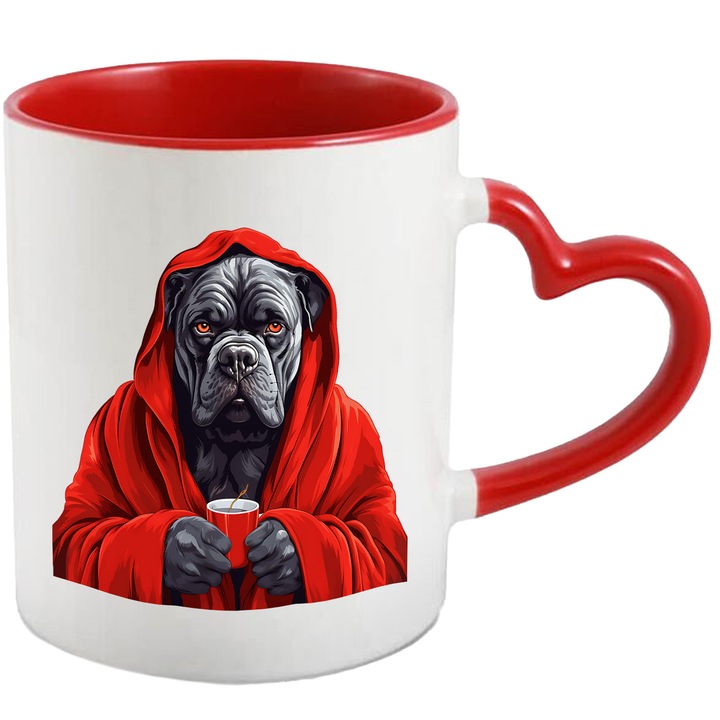 Bögre szürke kutyával piros kapucnival, hűtött, teás bögre, kezelés, influenza, 330 ml, kerámia, piros szív fogantyúval