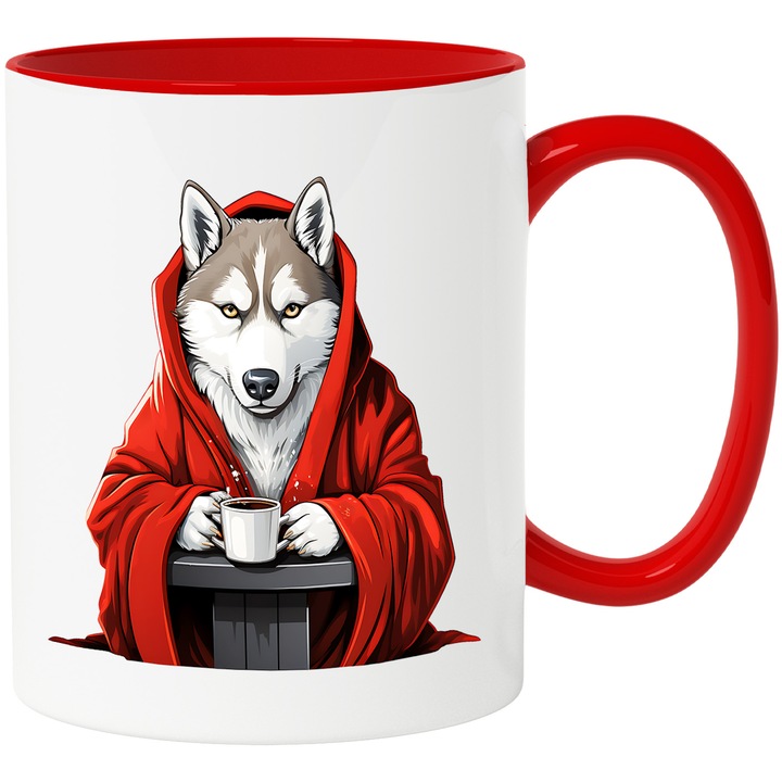 Bögre farkassal piros kapucnival, illusztráció, teás bögre, komolyan, túl kell lenni a megfázásán, 330ml, Kerámia piros fogantyúval