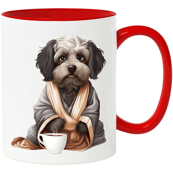 Bögre szürke kiskutyával, aki fázik, illusztráció, forró teás csésze, kutyabarátoknak, betegség, megfázás, 330ml, Kerámia piros fogantyúval