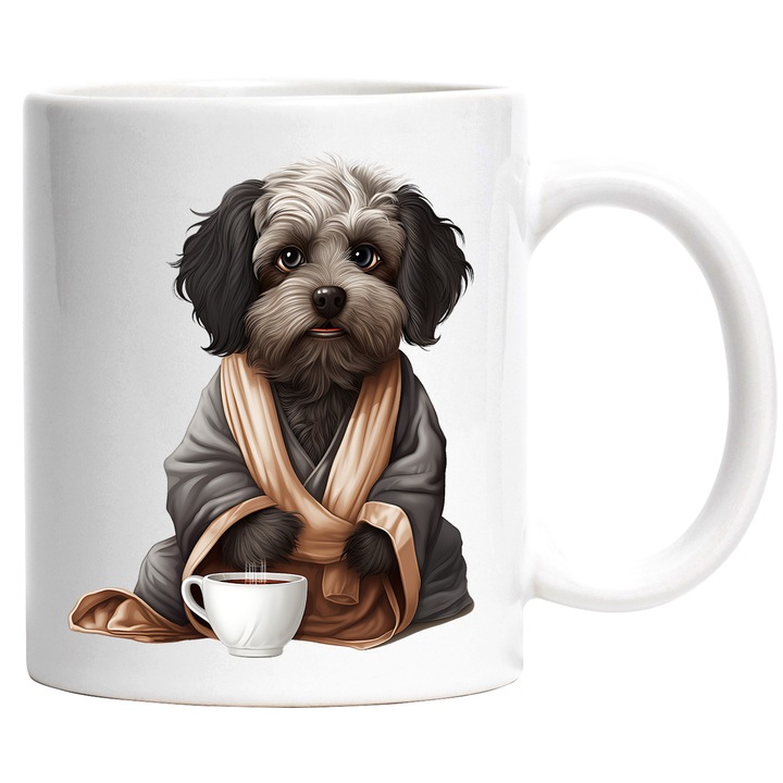 Bögre szürke kiskutyával, aki fázik, illusztráció, forró teás csésze, kutyabarátoknak, betegség, hideg, 330ml, Kerámia fehér fogantyúval