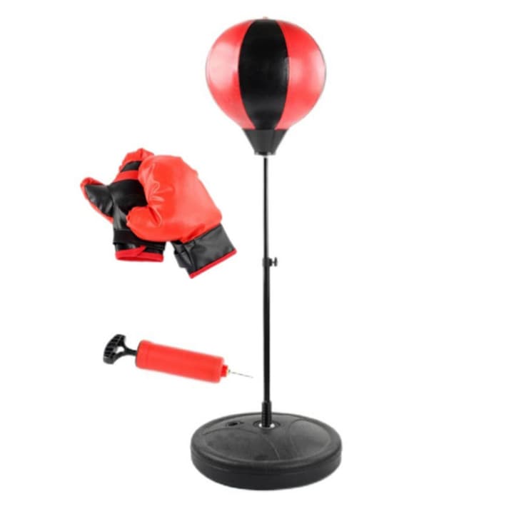 Set de box pentru copii, Kosiil, Piele ecologica/Otel, 70-105cm, Rosu/Negru