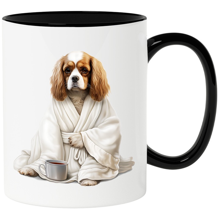 Bögre komoly kölyökkutyával, fehér fejjel, teás bögre, illusztráció, megfázás és influenza kezelés, 330ml, Kerámia fekete fogantyúval