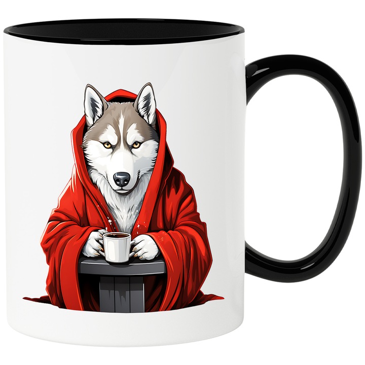 Bögre vörös fejű farkassal, illusztráció, teás bögre, komolyan, túl kell lenni a megfázásán, 330ml, Kerámia fekete fogantyúval