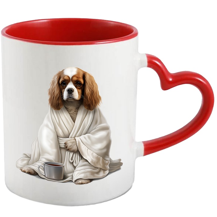 Bögre komoly kiskutyával, fehér fejjel, teás bögre, illusztráció, megfázás és influenza kezelés, 330 ml, kerámia piros szív fogantyúval