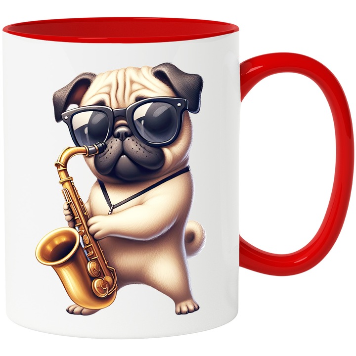 Cana cu un caine Pug care canta la saxofon, ilustratie, ochelari, concert, eveniment, instrument muzical, melodie, ritm, 330ml, Ceramic cu Maner Rosu