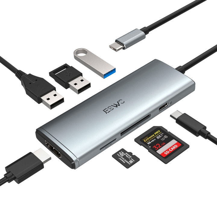 USB-C хъб, JESWO, HDMI 4K, USB 3.0, PD 100W, SD/MicroSD четец, 100x37x10mm, сребрист