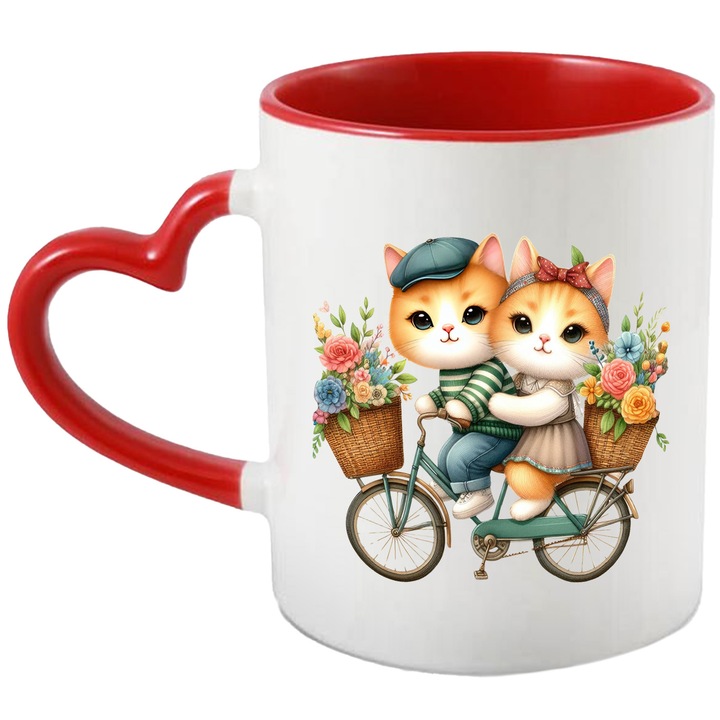 Cana cu 2 pisicute care se plimba cu bicicleta, ilustratie, prietenie, cosulete cu floricele, escapada, 330ml, Ceramica cu Maner Inima Rosie