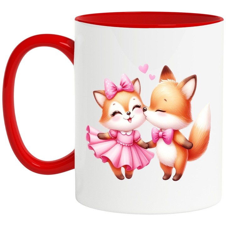 Чаша с лисици, целувка по бузата, илюстрация, емоции, Свети Валентин, любов, рокля, розово, сърца, 330 мл, Керамика с червена дръжка