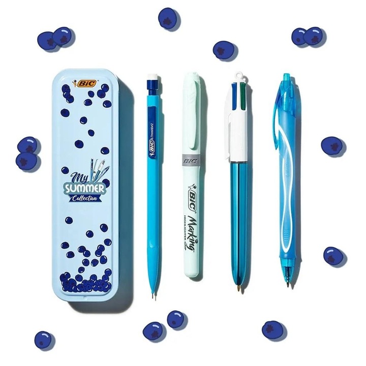 Комплект инструменти за писане BIC My Summer Collection 4 части, метална кутия 157x54 мм, син, код 594758