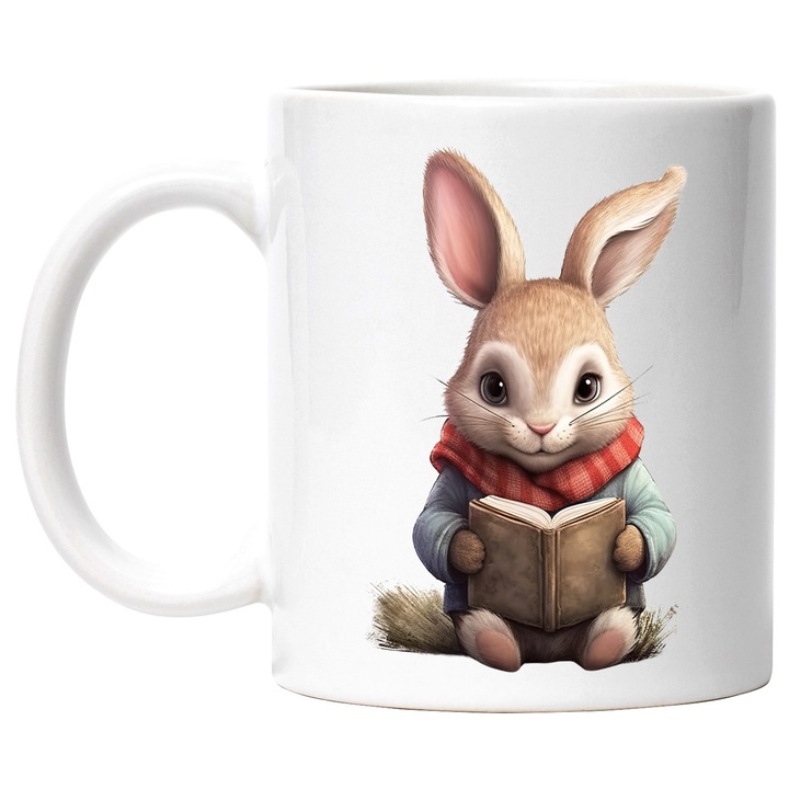 Cana cu un iepuras care tine o carte deschisa, ilustratie, imbracat gros, fular, frig, pentru pasionatii de citit, lectura, 330ml, Ceramic cu Maner Alb