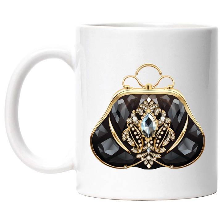 Чаша с портмоне, илюстрация, щампа със скъпоценни камъни, злато, за изискани жени, 330 мл, Керамика с бяла дръжка