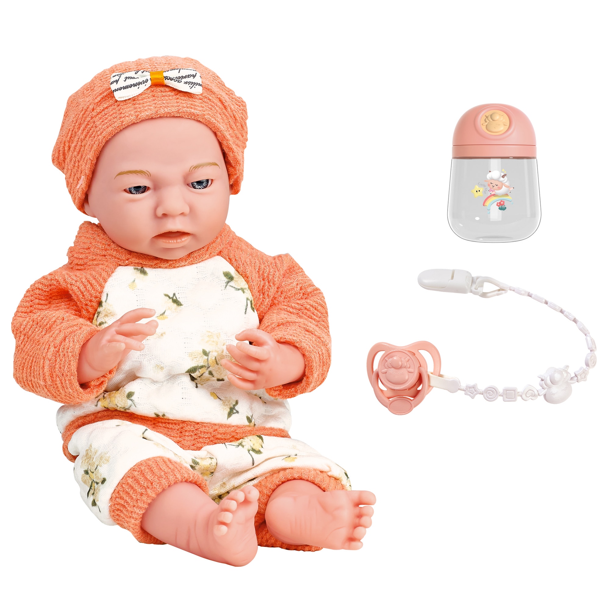 Papusa bebelus Mappy, 25 cm, cu suzeta si biberon, alb / portocaliu