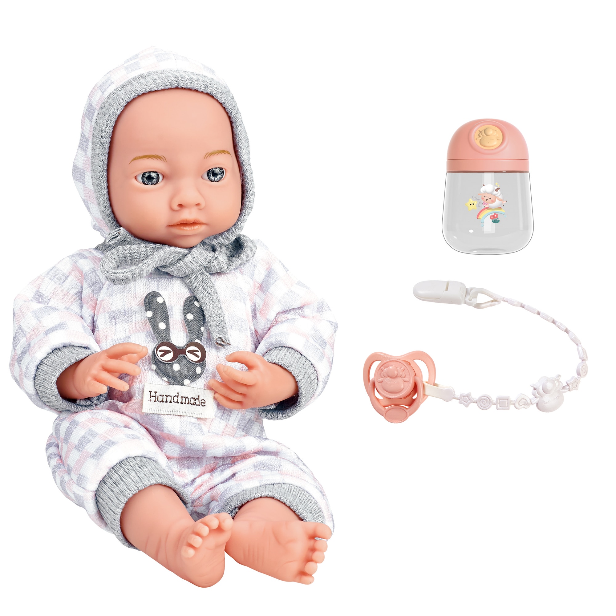 Papusa bebelus Mappy, 25 cm, cu suzeta si biberon, alb / gri