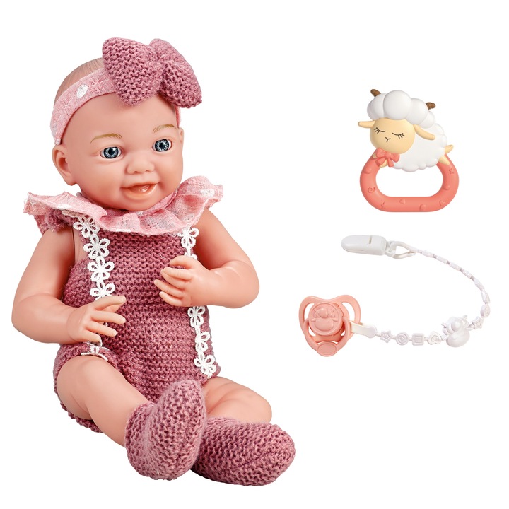 Papusa bebelus Mappy, 25 cm, cu suzeta si jucarie zornaitoare, roz