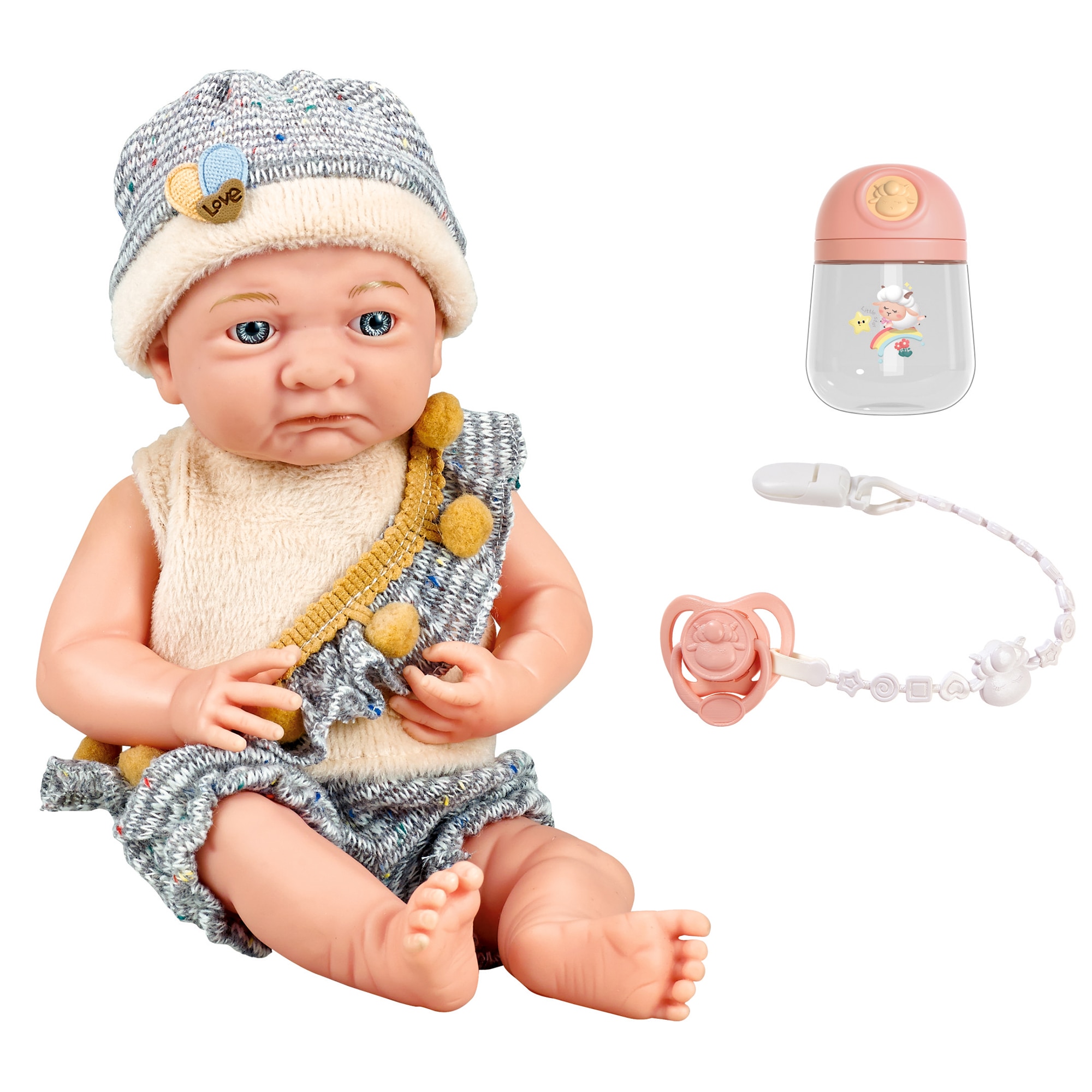 Papusa bebelus Mappy, 25 cm, cu suzeta si biberon, bej / gri