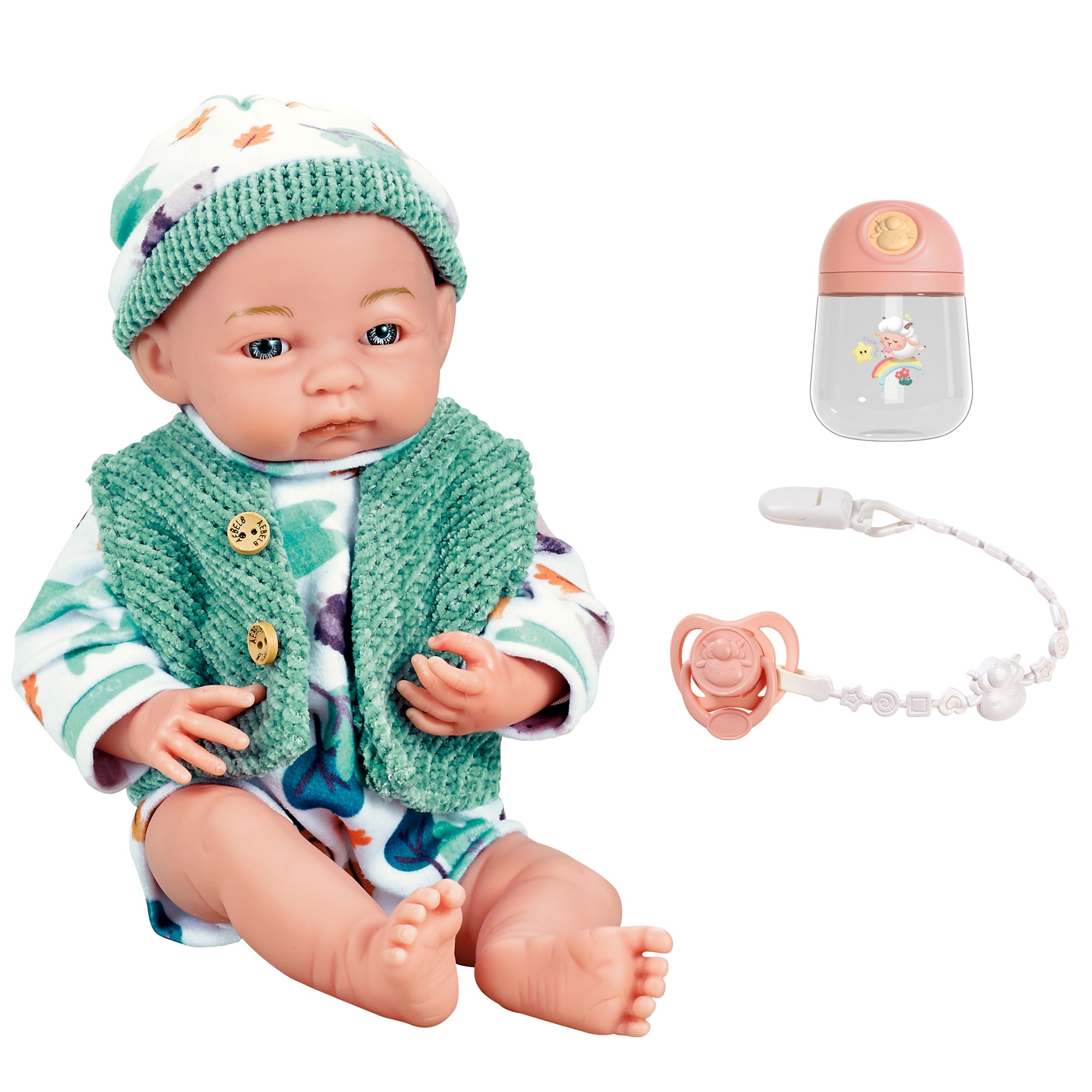 Papusa bebelus Mappy, 25 cm, cu suzeta si biberon, alb / verde