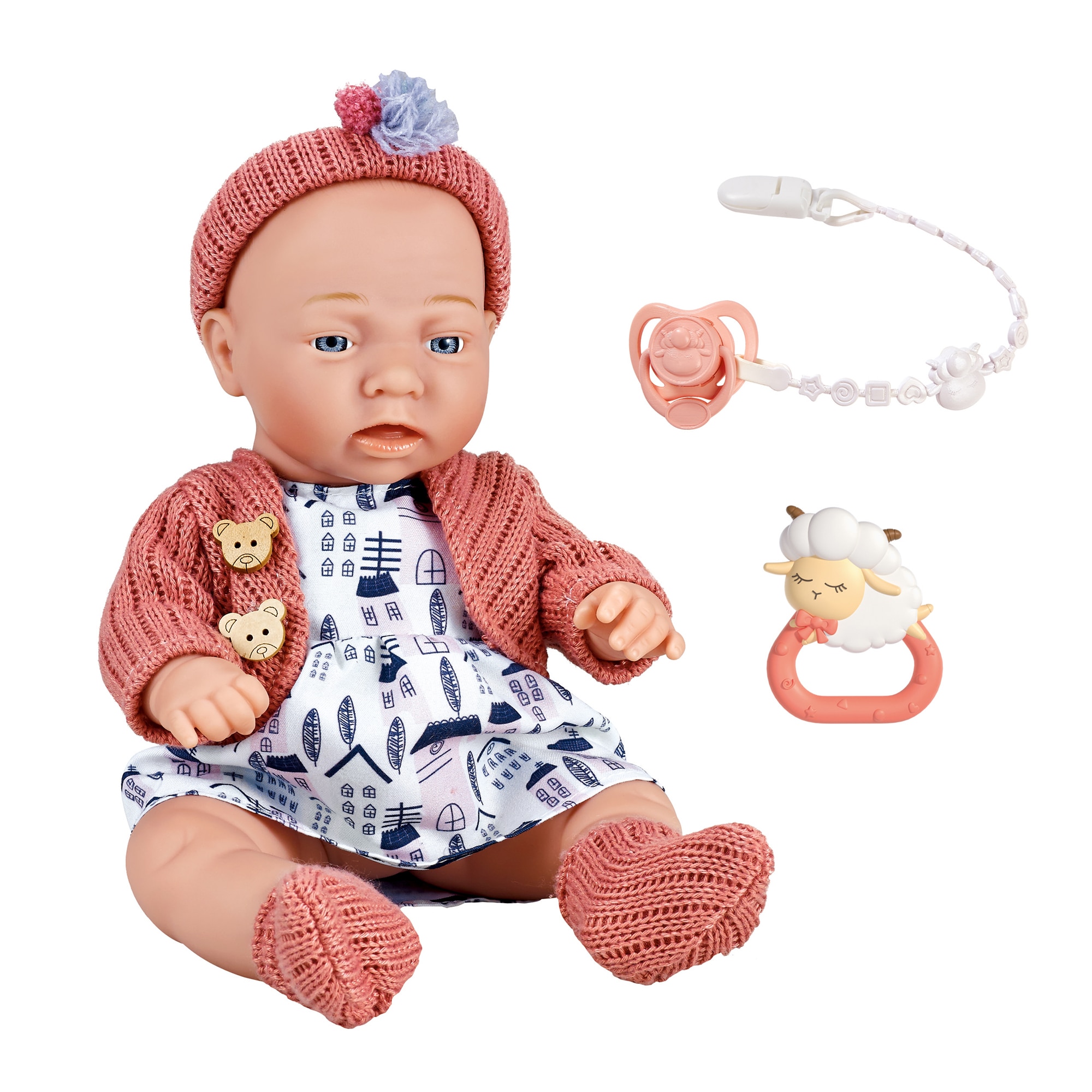 Papusa bebelus Mappy, 30 cm, cu jacheta, suzeta si jucarie zornaitoare, alb / roz
