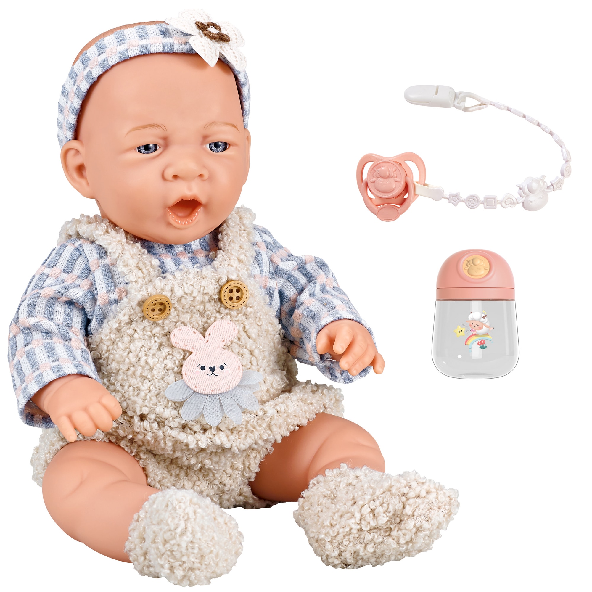 Papusa bebelus Mappy, 30 cm, cu suzeta si biberon, alb / bleu