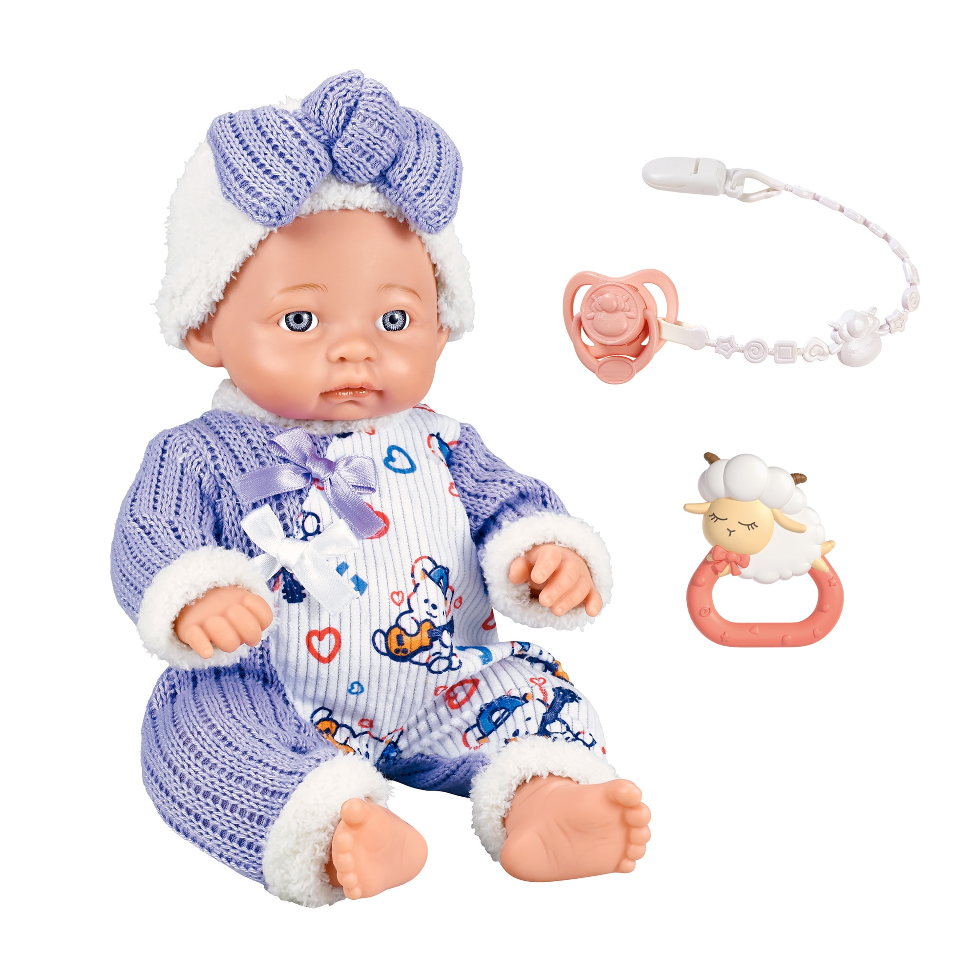 Papusa bebelus Mappy, 30 cm, cu suzeta si jucarie zornaitoare, alb /albastru
