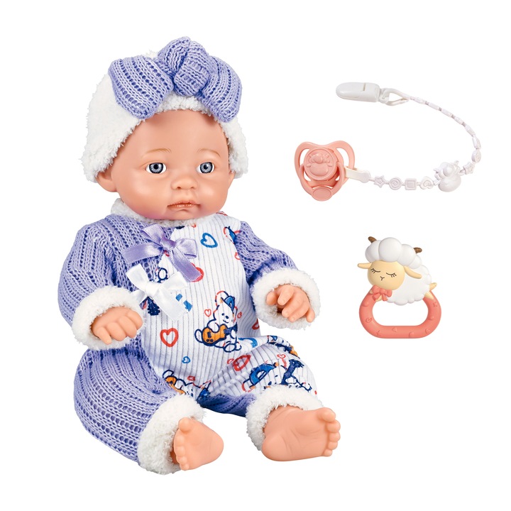 Papusa bebelus Mappy, 30 cm, cu suzeta si jucarie zornaitoare, alb /albastru