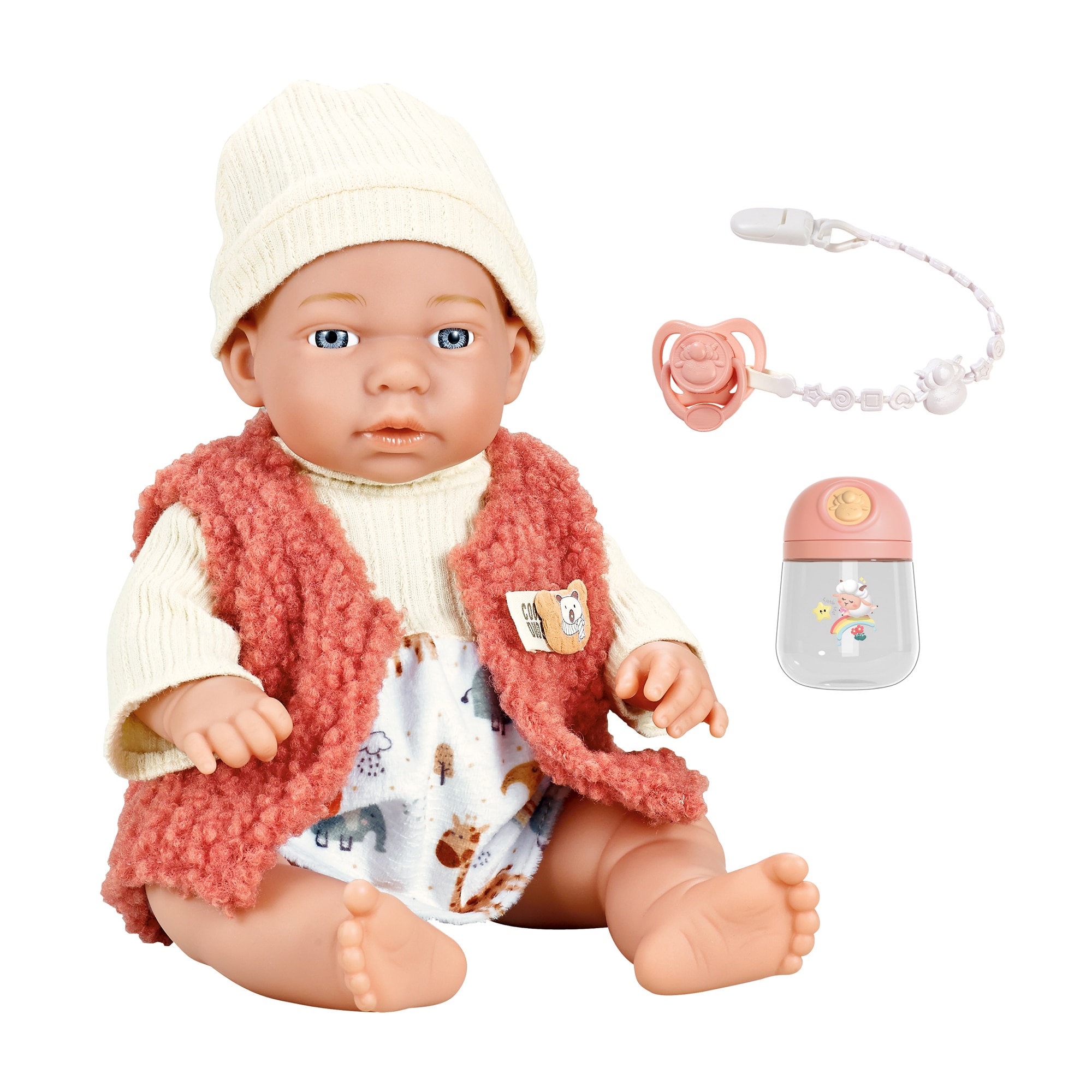 Papusa bebelus Mappy, 30 cm, cu vesta, suzeta si biberon, alb / roz