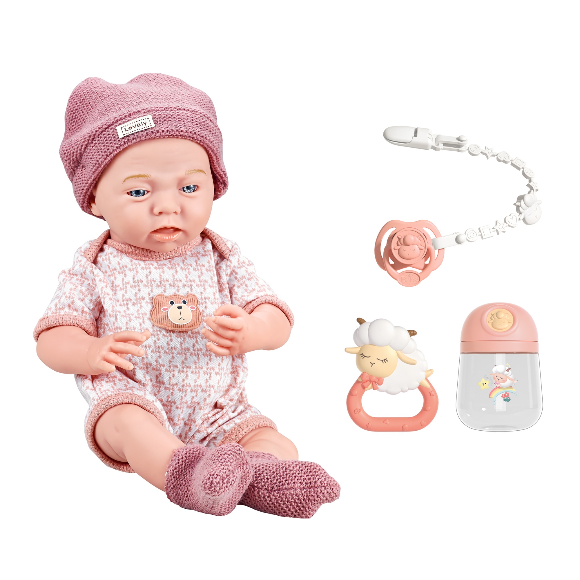 Papusa bebelus Mappy, 40 cm, cu 3 accesorii: suzeta, biberon si jucarie zornaitoare, alb / roz