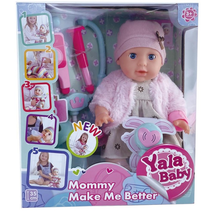 Papusa bebelus Mappy, interactiva, 35 cm, cu diferite functii si 8 sunete diferite, cu rochita