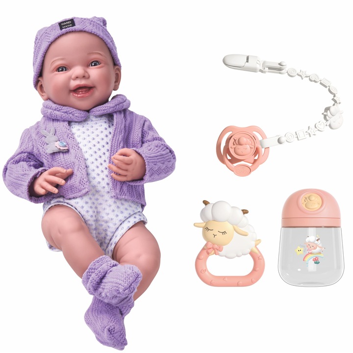 Кукла бебе Mappy, От винил, 40 см, С 3 аксесоара: залъгалка, шише и дрънкалка, Лилав