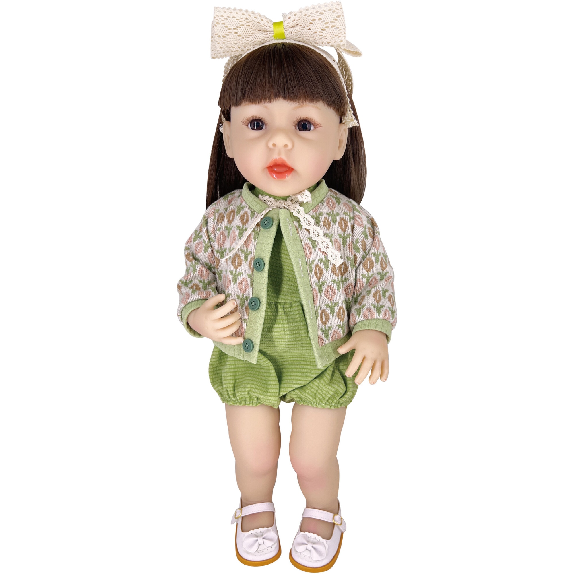 Papusa din vinil, Mappy Baby so Lovely, 56 cm, cu salopeta si fundita, verde