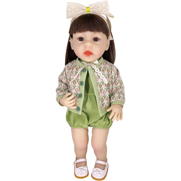 Papusa din vinil, Mappy Baby so Lovely, 56 cm, cu salopeta si fundita, verde