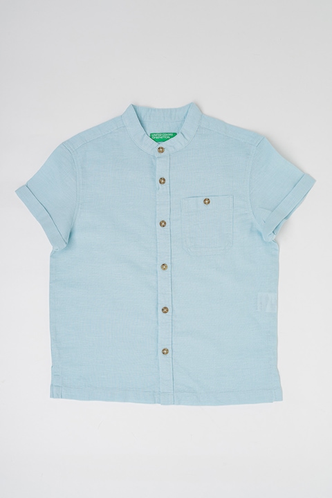 United Colors of Benetton, Риза с памук, лен и къси ръкави, Светлосин