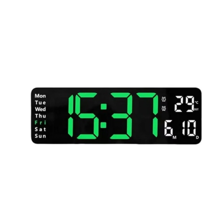 Цифров LED стенен часовник, 13 инча, календар, температура, термометър, 10 регулируеми нива на светлина, зелена светлина